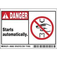 Enseigne «Danger Starts Automatically», 3-1/2" x 5", Polyester, Anglais avec pictogramme SY370 | O-Max